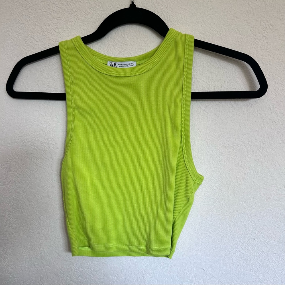 Zara neon yellow green highlighter 80s crop tank top nwot M ribbed high neck